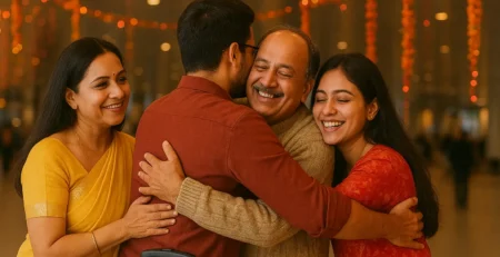Warm family reunion at an Indian airport during the festive season as a traveler returns home after getting an emergency visa to India through Globally eVisas