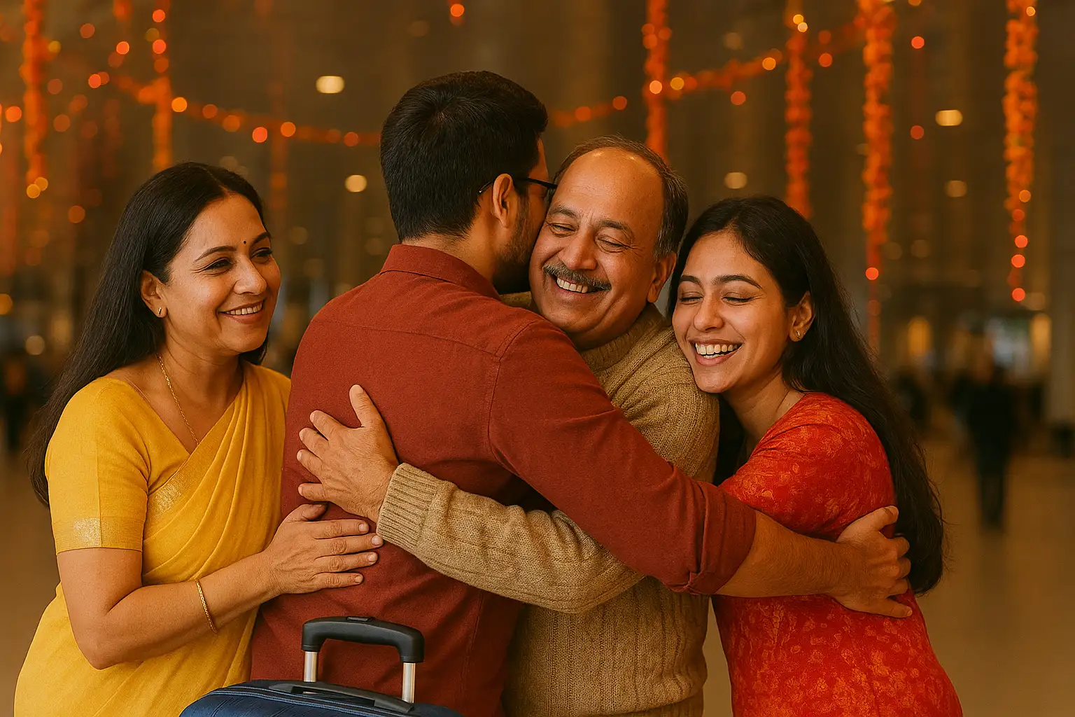 Warm family reunion at an Indian airport during the festive season as a traveler returns home after getting an emergency visa to India through Globally eVisas